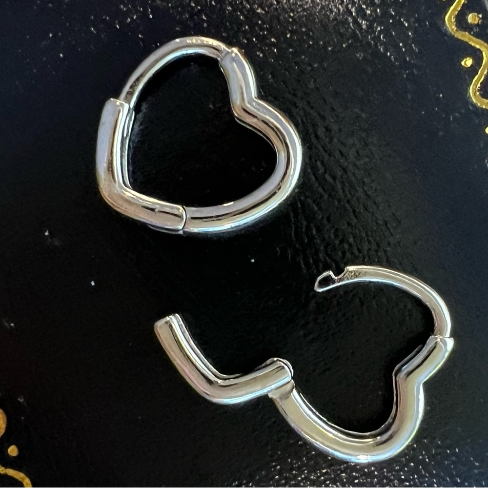 New! White Gold Heart Huggie Hoops. Small heart shaped hoop earrings